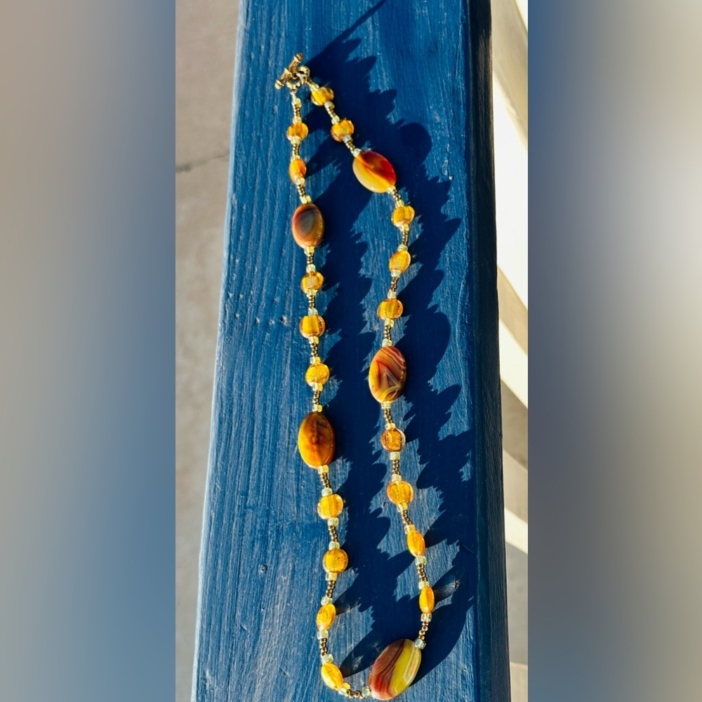 Venetian Murano Gold Glass Foil Beads with Agates Necklace  24" - Picture 4 of 8